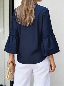 Áo sơ mi nữ tay chuông màu trơn thanh lịch, kiểu dáng thường ngày, phù hợp đi làm - Bộ sưu tập Xuân/Thu mới - Màu xanh lam - Xem 4