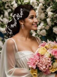 手工银质新娘头饰，镶嵌仿珍珠和水晶，适合搭配婚纱、伴娘、派对、舞会等场合。头链、发饰、发饰、女士珠宝、皇冠、头冠、头饰、女士发饰 - 彩色 - 查看 3