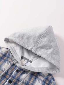 Chaqueta de cuadros con capucha, bolsillo en el pecho, ajustable con cordón, corte holgado, adecuada para primavera y otoño - Azul - Ver 5