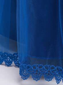 Tween Girls Long Sleeve Lace Beaded 3D Floral Mesh Elegant Piano Recital Dress, Suitable For Birthday Party, Ball, Excludes Headband - 寶藍色 - 查看 8