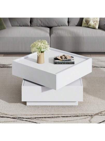 Functional Coffee Tafel The Living Room, 360° Rotatable, Rotating Tabletop Shelves Storage Space, Frame Room Side Pure White, 60*60*38 Cm view 4