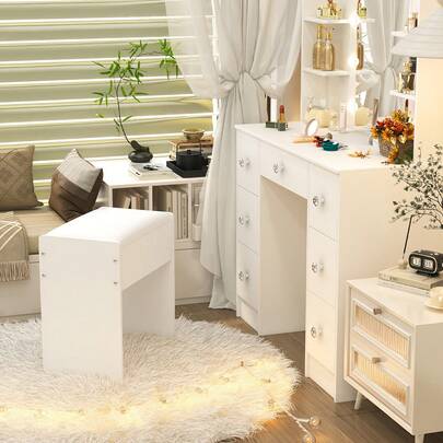 [Top Choice For Halloween And Christmas Gifts] Creamy Aesthetic Scandinavian Solid Wood Vanity Bench | Comfortable Dressing Stool With Soft Cushion For Girly Princess Vibe | Spacious Storage Drawer For Cosmetics And Accessories |Modern Minimalist Design Perfect For Bedroom Or Dressing Room