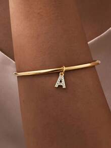 1 pièce Bracelet personnalisé minimaliste avec lettre en strass, en acier inoxydable, design fermé, bracelet de couple, cadeau pour elle (Taille : 6,3 cm/2,48 pouces, avec boîte cadeau) - Multicolore - Voir 7