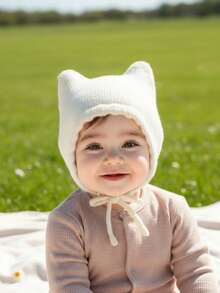 1件装3-12个月婴儿白色针织双角帽，秋冬保暖婴儿帽，可爱卡通婴儿帽系列 - 1PC - 查看 2