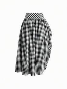 Versatile High Waist Plaid Drawstring Ruffle Hem Long Skirt