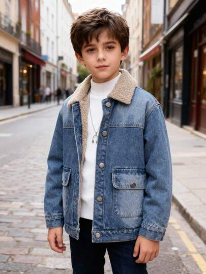 Boys' Casual Light-Colored Denim Jacket For Outdoor, Autumn/Winter