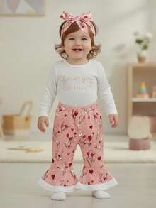 Conjunto de 3 piezas para bebé niña con bonito mono de manga larga con letras dulces, pantalones acampanados con forma de corazón y diadema - Blanco - Ver 4