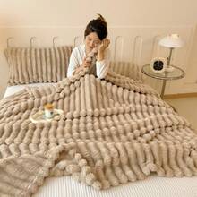 1pc Soft Vintage Style Faux Fur Blanket - Cozy Choice For Sofa And Chair, Striped Pattern, Machine Washable, Polyester Blend, Comfortable For All Seasons, Chair/Bed Cover | Soft Blanket | Polyester Blend, Rabbit Decor - Khaki - View 10