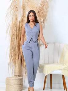 Women's Formal Tailoring Set: Blouse, Vest With Buttons, Skinny Pants, Elegant Party - 灰色 - 查看 5