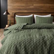 Blue Quilt King Size Bedding Sets With 2 Pillow Shams, Lightweight Soft Bedspread Coverlet, Quilted Blanket Thin Comforter Bed Cover All Season, 3 Pieces, 104x90 Inches, All - Season Bedding - 橄欖綠 - 查看 7