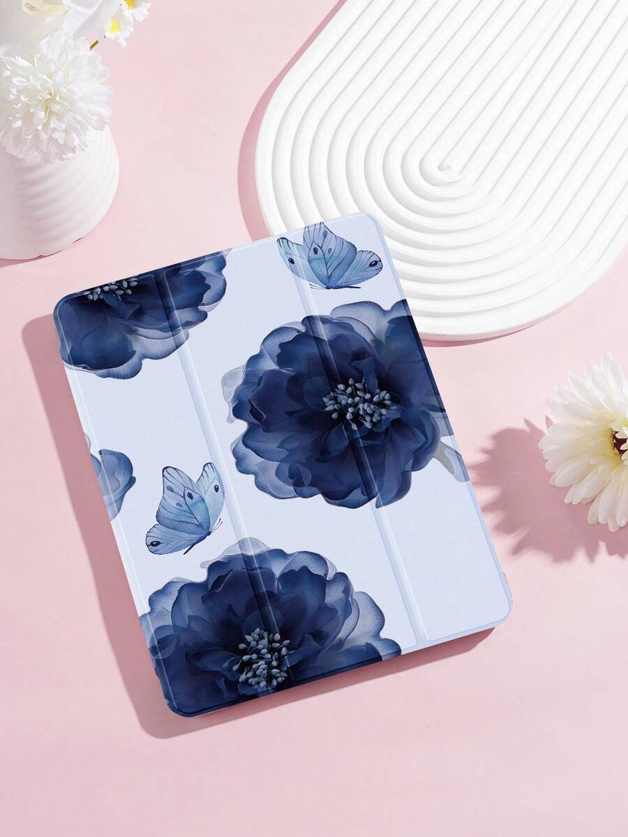 蓝色蝴蝶图案平板电脑保护套，兼容 iPad 9.7/10.2/10.5/10.9/12.9/Pro 11（第十代）、Galaxy Tab S6 Lite 10.4、Kindle Paperwhite 2024（第十二代）和 Kindle 2022（第十一代），柔软防震设计，智能支架/自动唤醒/睡眠功能
