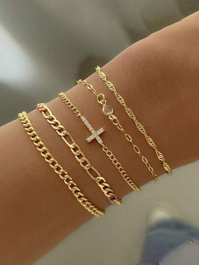 5pcs/Set Vintage Minimalist Chain Bracelet Set, Fashion Zirconia Cross Layered Bracelet Set, Suitable For Party, Gift, Daily Wear