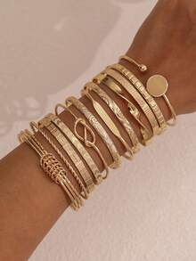 12pcs Fashion Metal Textured Heart Shape Bangle Bracelet Set, Boho Adjustable Layered Wristband, Suitable For Daily & Party Wear, Ideal Gift For Friends & Family