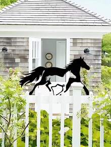1件乡村农舍风格装饰品，黑色金属马剪影庭院标牌，带可拆卸装饰，户外草坪和花园装饰，栅栏装饰品 - 彩色 - 查看 7