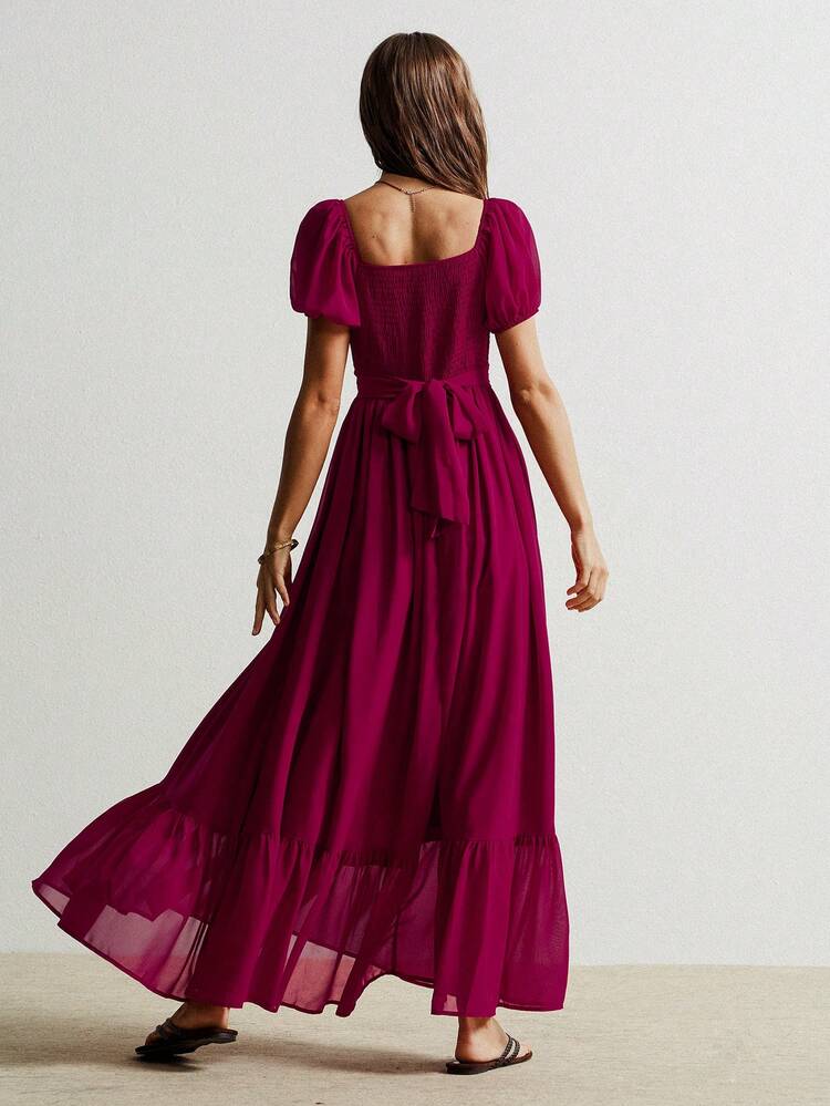 Rusttydustty Rochie elegantă casuală din șifon roșu, cu mânecă lungă și tiv cu volane, potrivită pentru Anul Nou, Ziua Îndrăgostiților - roșu - Vizualizare 7