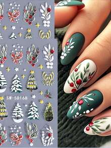 2 Peças de Adesivos de Arte de Unhas com Relevo de Padrão de Folhas de Natal de Inverno - Design de Arte DIY para Árvore de Natal de Inverno, Natal, Ano Novo, Galhadas de Veado, Folhas de Flores e Luzes de Estrela, Adequado para Uso Diário, Casamento e Feriados de Mulheres, Adesivos de Unhas Descartáveis, Estilo de Tema Cartoon, Fofo, Fácil de Colar, Decoração de Salão de Beleza