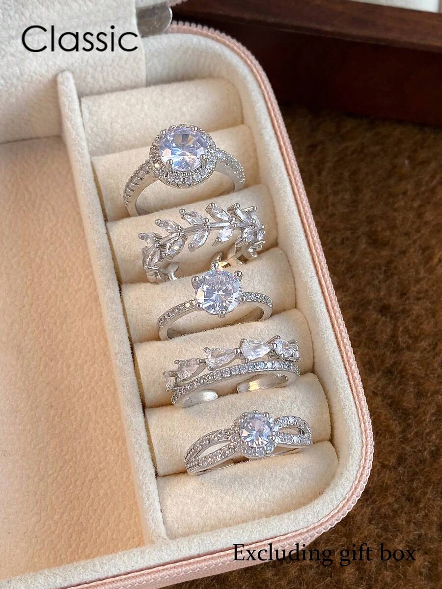 5 件奢华优雅时尚方晶锆石几何泪珠叶独特优雅铜戒指套装，适合婚礼、派对、日常佩戴（无礼盒）