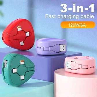 三合一可伸缩多用途充电线，小巧便携，兼容 14/13/12/11，兼容三星，带 3 个端口 - 通用，兼容 Vivo/OPPO/Lightning 等主流品牌，线缆耐用性卓越