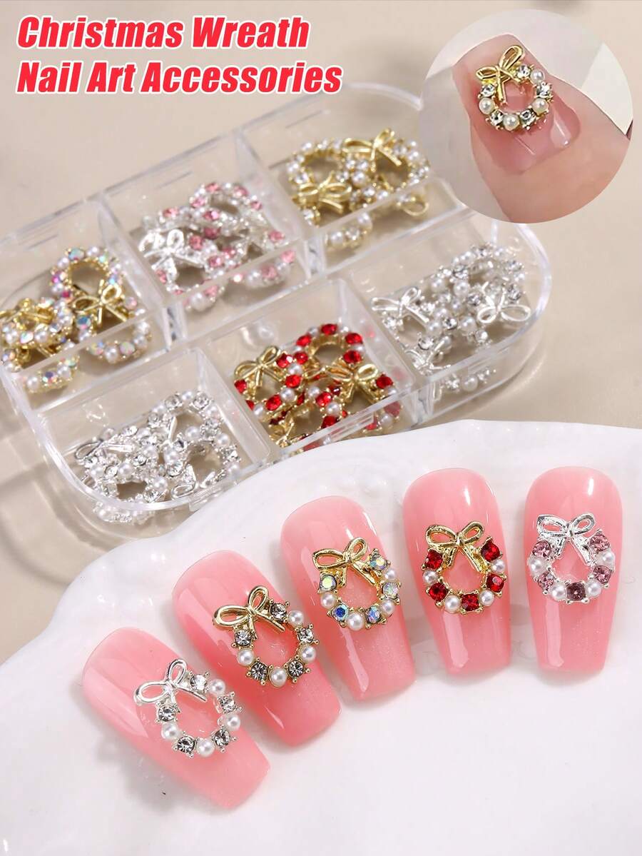 Decoraciones de arte de uñas de corona de Navidad de aleación 3D, decoraciones de arte de uñas de lazo de corona de Navidad, joyería de uñas de rhinestone para decoración de arte de uñas de corona de Navidad