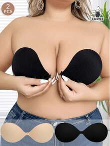 2pairs Invisible Bra Reusable Strapless Front Clasp Invisible Nipple Patches Women Backless Strapless Bra Seamless Self-Adhesive Silicone Nipple Cover Boob Pads Sticker Wedding Dress Lingerie Big Breasts And Small Breasts Are Suitable For No Stuffy Skin And No Curling. - Black - View 1