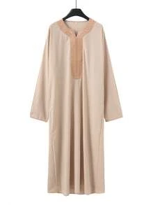 Trang phục nam truyền thống thêu hoa văn trang nhã và sang trọng, áo choàng Hồi giáo dáng rộng có túi, áo choàng Ramadan tay lỡ, áo choàng kiểu Ả Rập thêu hoa văn thường ngày, trang phục cầu nguyện Kandura truyền thống dành cho nam giới, trang phục lễ hội trang nhã. - Màu Khaki - Xem 2