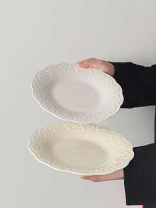 1件/2件装法式复古浮雕早餐盘、简约甜点盘、沙拉盘、水果盘、陶瓷蛋糕盘、意面盘、盛菜盘 - 彩色 - 查看 2