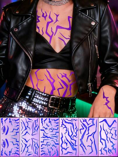 6 ark självlysande / UV-ljus lila tatueringsklistermärken, filmjägar tillfälliga tatueringsklistermärken, Kpop lila cosplay-tillbehör, danscosplay-tatueringsklistermärken rekvisita, perfekt för cosplay, Y2K-tatueringsklistermärke
