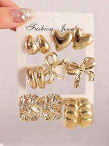 1/5 Paar modische goldene Blumen-, Herz-, Schleifen- und Diamant-förmige Ohrringe Set, geeignet für den täglichen Gebrauch von Frauen - Gold - Übersicht 6