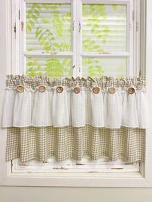 1pc Farmhouse Style Double Layer Cafe Curtain Valance - Brown Lattice Pattern, White Sheer Lace Trim, Retro Button Decor, All Seasons, Linen Fabric, Princess Style Short Curtain Tier For Living Room Kitchen Bathroom Window Decor - Red and White - View 8
