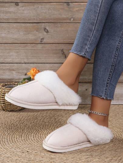 Women's Fashionable Fabric Fluffy Slippers, Indoor Quiet Non-Slip Flat Warm Plush House Slippers For Autumn