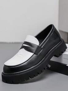 2025 New Men's Formal Slip-On Loafers [ Street Style], Black & White Patchwork Thick Sole Loafers, British Style Slip-On + Premium Leather Patchwork, Unique Serrated Outsole For Height Increase & Slimming, Suitable For Casual, Business And Various Styles