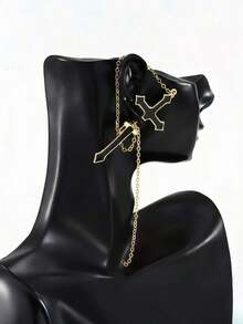 1pc Black Cross Integrated Stud Earring With Chain, Edgy, Fashionable, Suitable For Women's Daily And Festival Wear - 金色 - 查看 4