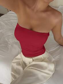 Camiseta Regata Sem Alça Sem Costura Sólida Elástica Ajustada para Mulheres Vaiaye, Regata Básica Sem Alça para Primavera/Verão, Elegante para o Dia dos Namorados