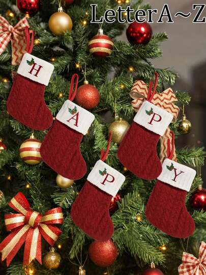 Kreativ gestrickte bestickte Weihnachtsstrümpfe, Weihnachts-Buchstabe A-Z Weihnachtsstrumpf Dekorationen in Rot, rot gestrickte Socken, multifunktionale Aufbewahrungstasche, Weihnachts-Aufbewahrungstasche mit Aufhängeseil, festliche Weihnachtsbaum-Anhänger, Feiertags-Zubehör, dekorative Weihnachtsbaum-Accessoires, perfekt für Feiertage, Weihnachtsgeschenke