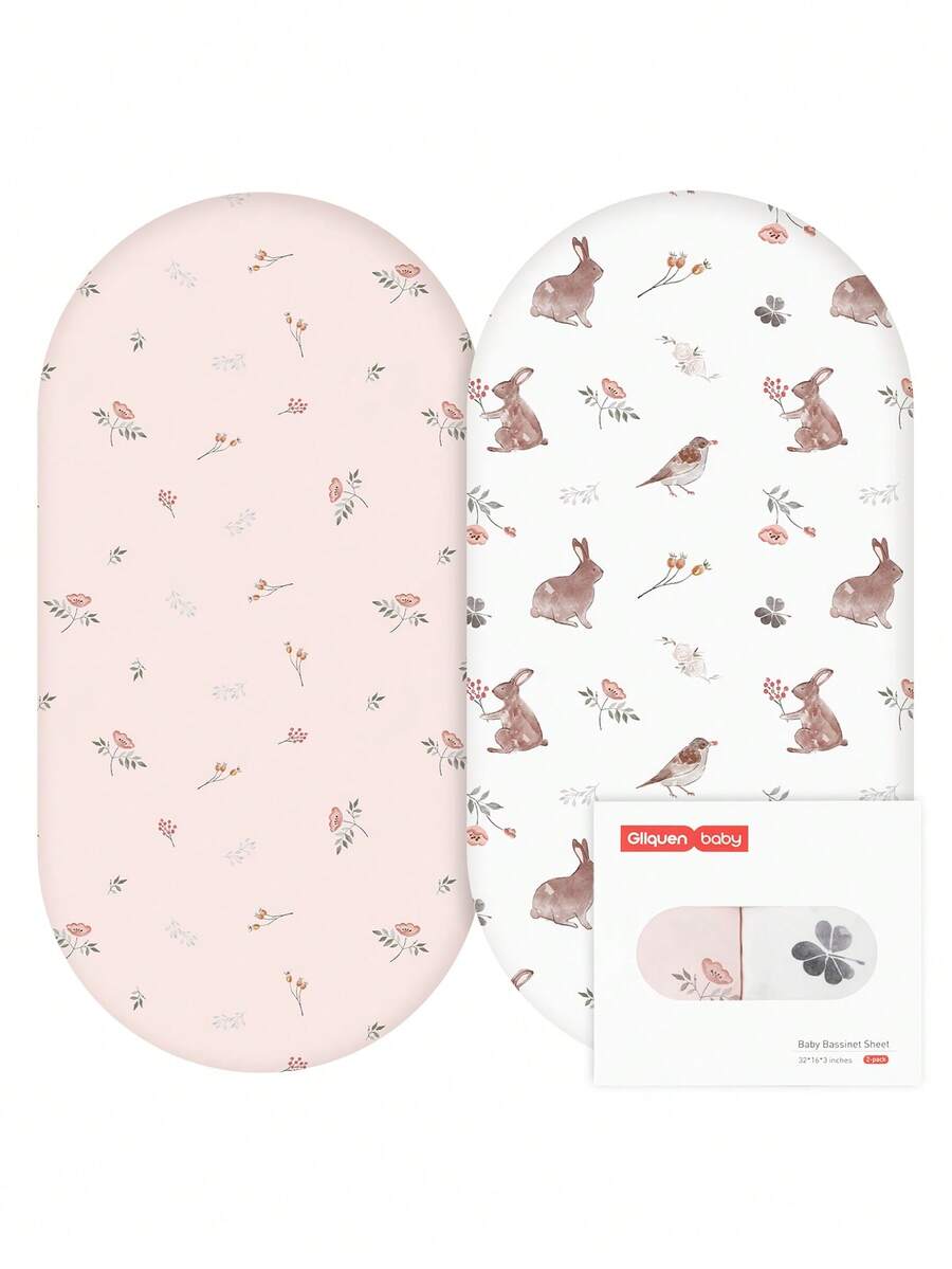 GLLQUEN BABY Bộ 2 ga trải giường cũi cho bé, ga phủ nệm cũi thoáng khí, bộ đồ giường cũi du lịch co giãn, họa tiết hoa thời trang cho bé trai và bé gái, kích thước 32 inch x 16 inch (họa tiết thỏ) - con thỏ - Xem 1