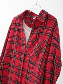 女士休闲格子法兰绒衬衫，秋冬季 - 紅色 - 查看 3