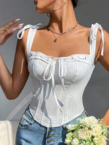 EZNV White Tie-Shoulder Boned Corset - Stylish Bustier, Enhances Curves & Comfortable For Daily - White - View 1