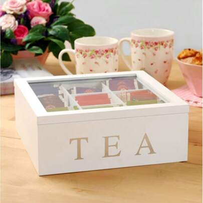 Retro Tea Coffee Box 9 Cells Wooden Storage Box With Visible Lid Multi-Compartment Organizer For Tea Bag Jewelry Coffee Modern Simple Home Storage
