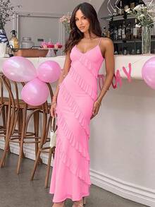 Women's Backless Bodycon Spaghetti Strap Elegant Ruffle Maxi Cocktail Party Dresses, 2025 QMO3 - 粉色 - 查看 3