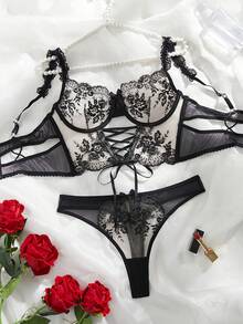 Elegant 2-Piece Set Of Lace Transparent Embroidered Bra And Underwear Women's Set - Sexy Waist Design, Perspective Polyester Blend, Give You A Different Experience - 黑色 - 查看 10