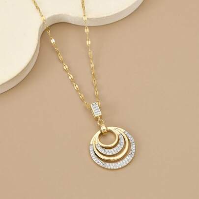 1pc Fashionable Full Rhinestone Dual-Tone Geometric Hoop Stainless Steel Necklace For Women, Gold & Silver Jewelry, Necklace, Jewelry, Gift For Lover, Friend, Birthday, Party, Summer Vacation