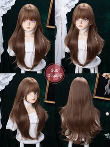 alicegarden 1 Synthetic Fiber Material Long Straight Hair Wig With Bangs, Brown Long Straight Hair, Length 28 Feet, Fashionable Wig, Natural And Realistic - Brown - View 5