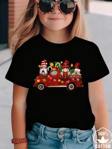 Esta nueva y moderna camiseta de manga corta 100 % algodón para niña luce un estampado navideño. Esta camiseta holgada, informal y versátil está confeccionada con un tejido suave y agradable para la piel de tu bebé. Ya sea para una reunión familiar, un evento escolar o una salida para jugar al aire libre, esta camiseta permite que tu hija se mueva con libertad y comodidad. - Negro - Ver 1