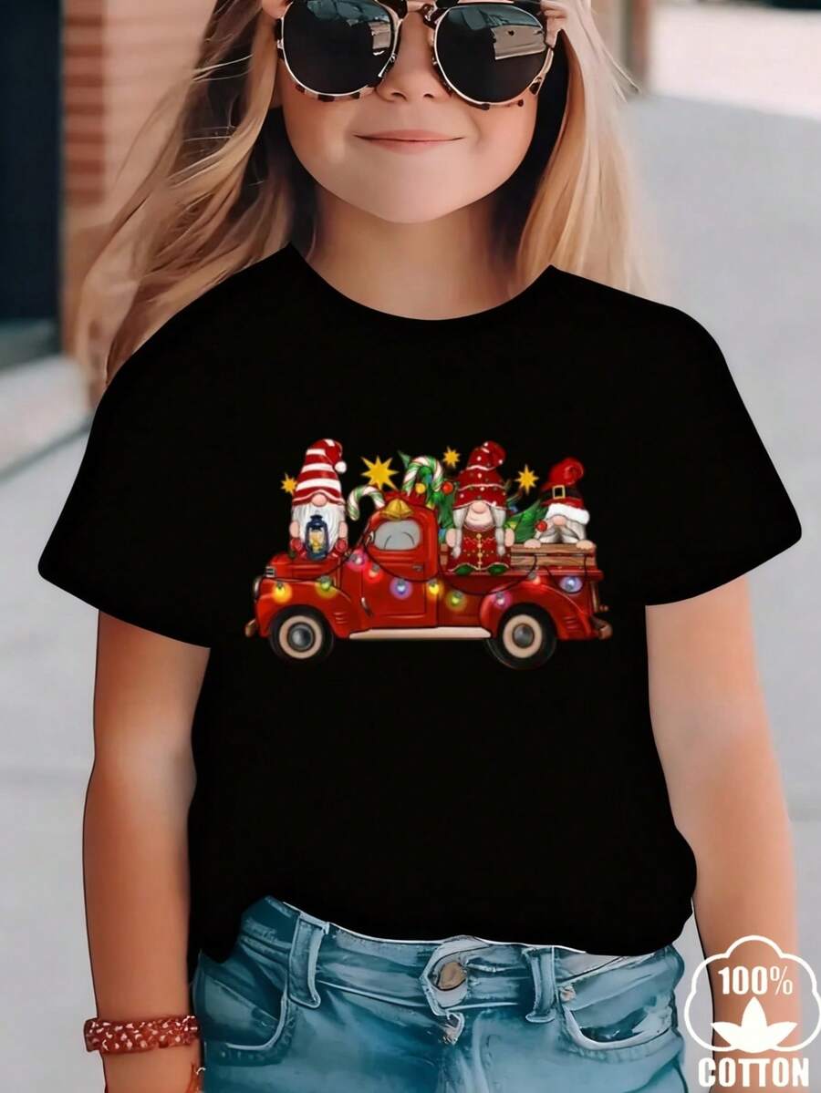 Esta nueva y moderna camiseta de manga corta 100 % algodón para niña luce un estampado navideño. Esta camiseta holgada, informal y versátil está confeccionada con un tejido suave y agradable para la piel de tu bebé. Ya sea para una reunión familiar, un evento escolar o una salida para jugar al aire libre, esta camiseta permite que tu hija se mueva con libertad y comodidad. - Negro - Ver 1