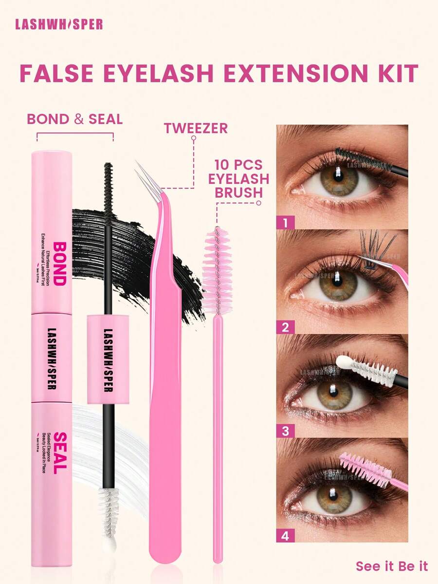 DIY Cluster Lash Extension Kit – 10ml Lash Bond And Seal, Individual Lashes, Tweezers & Lash Brush, Waterproof Long-Lasting Eyelash Grafting Set - Pink - View 1