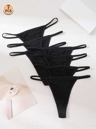 7pcs Sexy Thong Panties Set, Ribbed Low Waist Comfortable Briefs, Seamless Thongs, Seamless G-String, Soft T-Back Elastic Underwear, Simple Style Non-Sheer Fashionable Daily Wear