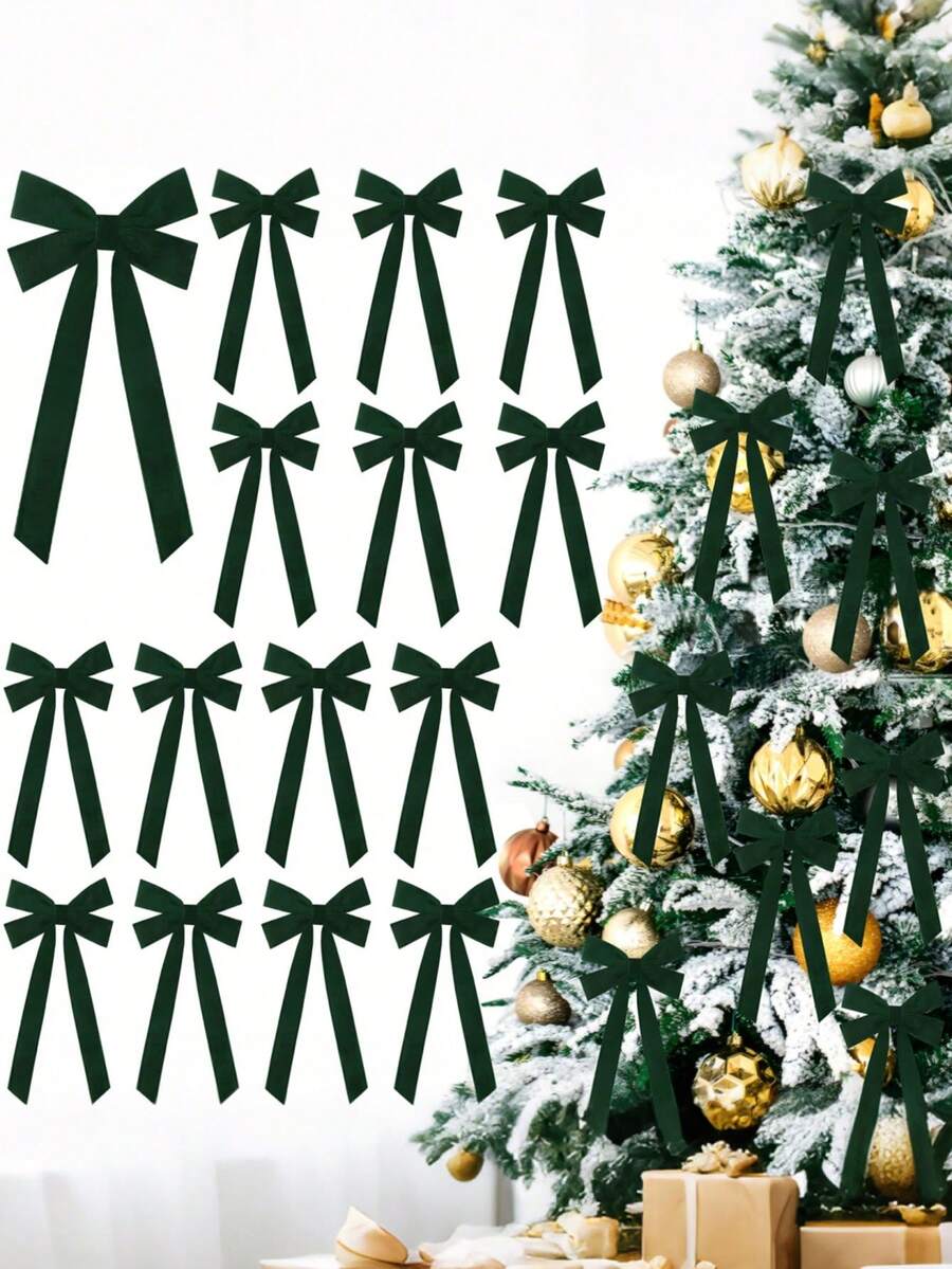 12Pcs-Green Velvet Bows, Christmas Velvet Bows,Green Christmas Decor,Christmas Tree Bows Rustic Crafts Gift Wrapping Bows Xmas Ornaments For DIY Decorative Gift Packaging, Christmas Tree Decoration Wreath Garland Tree Decorations Indoor Outdoor Holiday Decor;