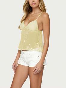 Women Sheer Sequin Tops Y2K Bow Lace Trim Spaghetti Strap Camisole Sleeveless Slim Fit Tank Tops Backless Crop Tops Going Out Cami Top Cute Streetwear Party Clubwear - 黃色 - 查看 2