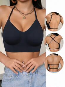 Black Basic T-Shirt Bra, Backless Bra With Removable Pads And Wireless, Comfortable Seamless Bra For Women, Easily Showcase Various Styling Looks - Black - View 7