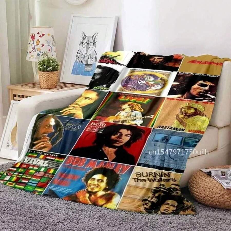 Bob Marley Album Blanket Reggae Music Jamaican Style Soft Flannel Blanket Portable Home Travel Sofa Blanket#Color_22, - màu đen - Xem 1